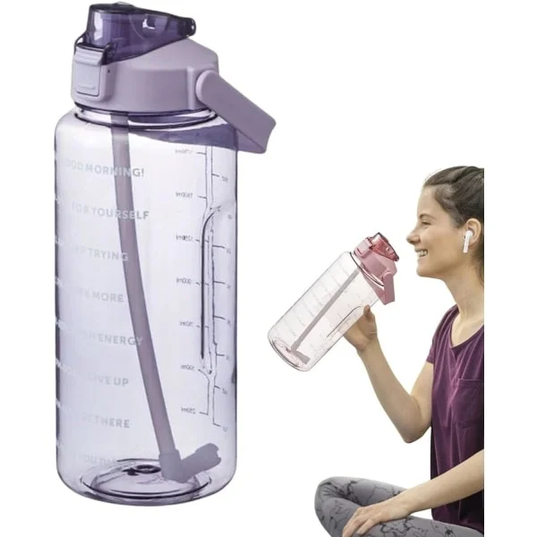 2 liters sports vannflaske, lekkasjesikker vannflaske, 2 liter, vannflaske med sugerør, motiverende treningsdrikkeflaske med tidsmarkering