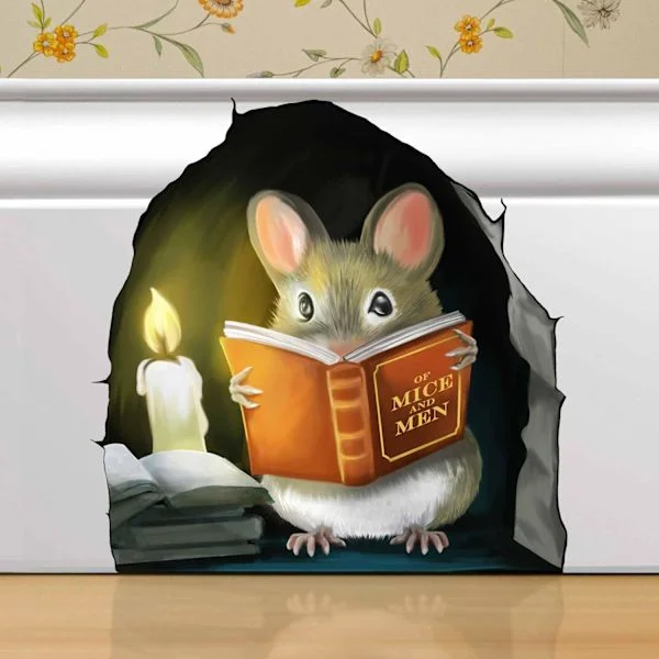 Muslesende bok, veggdekor klistremerke dekal, barnerom, klasserom, hjem, soverom, bokhylle, bokelsker, om mus og menn, barn, bedårende