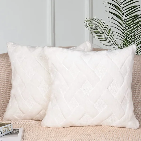 Kudde och Kuddfodral Set om 2 Vita Kuddfodral 50 x 50 cm, Dekorativa Kuddfodral i Bondgårdsstil med Lyxig Ullsammet Fyrkantiga Örngott För