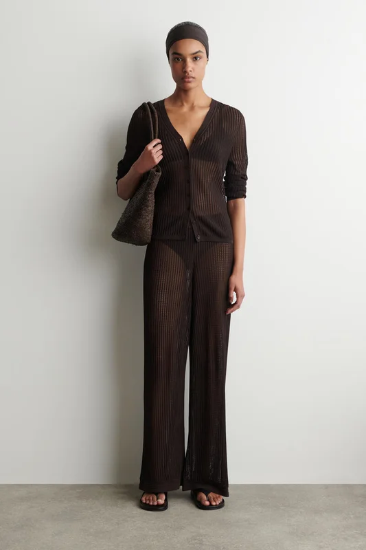 COS Women's Ribbed Open-Knit Trousers in Brown