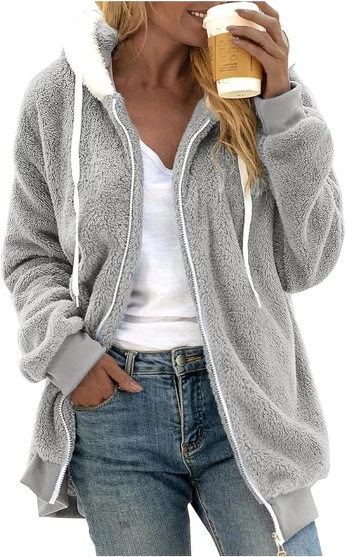 Huva jacka dam teddy fleece kappa övergångsjacka med huva med fickor dragkedja höst vinter plysch jacka fleece jacka vinter