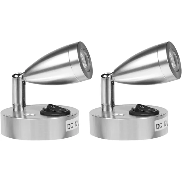 2x 3W 12V Lampe 12v Campingbil, LED Læselampe til Båd Campingvogn Bil, med egen Kontakt, Varmt Hvidt Lys, 3000K, 220lm, 60 * 96mm, Sølv