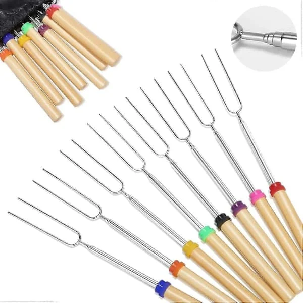8 Pcs Marshmallow Roasting Sticks - Telescoping Skewers with Wooden Handle, Campfire Tool for Sausage Grilling with Bag