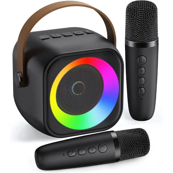 Mini Karaoke Maskin, Bærbar Bluetooth Karaoke Høyttaler med 2 Trådløse Mikrofoner og Festbelysning