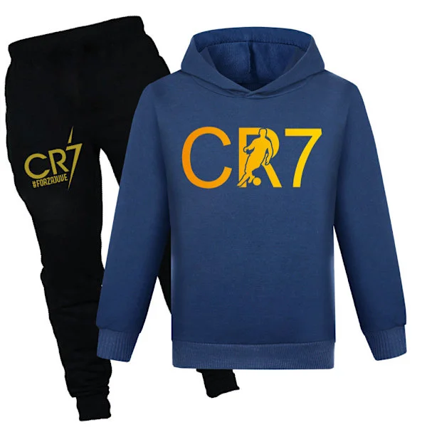 CR7 Ronaldo Barn Pojkar Casual Träningsoverall Fotboll Tröja med huva Träningsbyxor Tröja Outfi Marinblå Navy blue