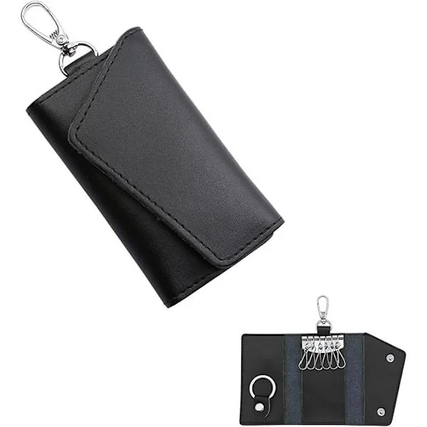 Leather Key Case, Car Key Holder for Men and Women, Portable Key Pouch with Metal Hook and Keychain, Exquisite Key Bag