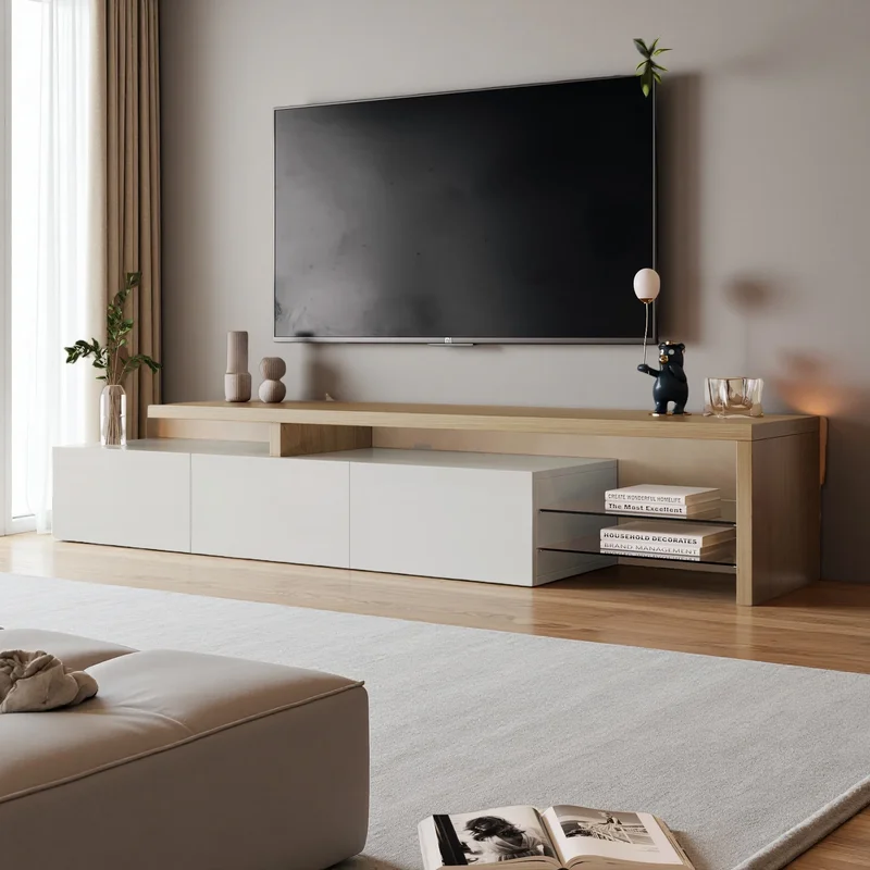 AliExpress - Rosahqnda TV-Schrank für Wohnzimmer, TV-Lowboard, Sideboard, mit LED, 2 Glastrennwände, 3 Schubladen, Weiß Hochglanz