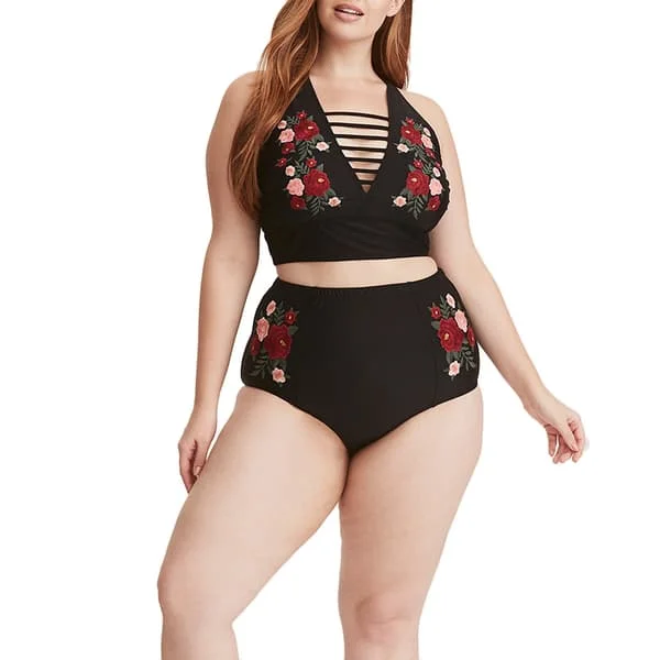 [KK]Plus Size Dame Tøj Højtaljet Badedragt Rose Bikini Sæt Badedragt Sort Sort