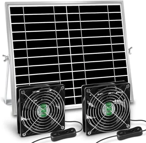 Solar-powered ventilation fan - Double fan 25W for supply and exhaust air, solar panel, for chicken coops, greenhouses