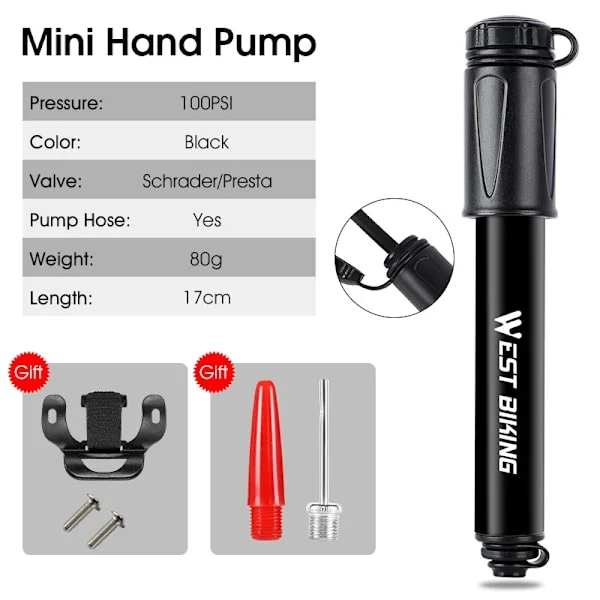WEST BIKING Portabel Cykelpump Högt Tryck Med Slang MTB Landsvägscykel Schrader Presta Ventil Aluminiumlegering Cykelpump