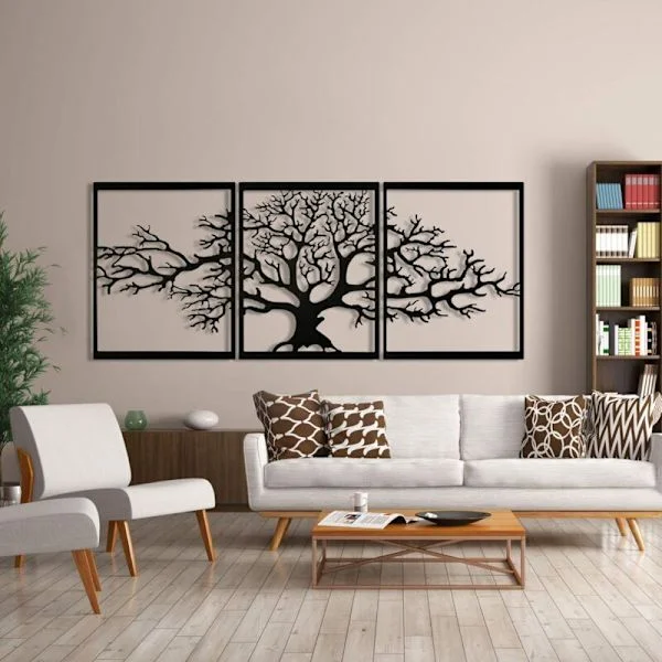 3D Svart Metall Livets Träd Skulptur – Inomhus och Utomhus Väggdekoration – Mått 144.78 x 58.42 cm – Set om 3 delar