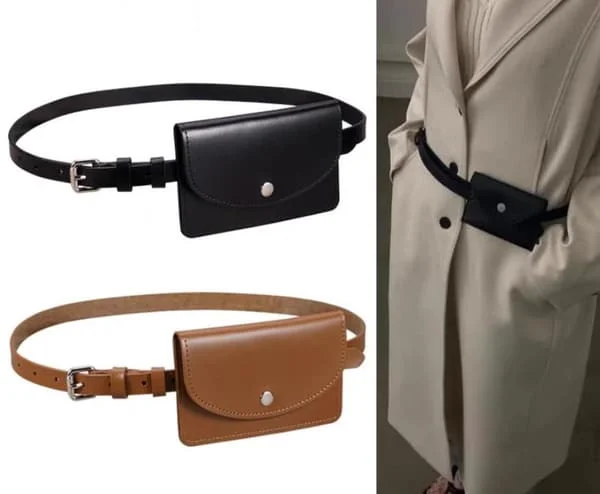 Fashion belt with bag - 2-pack adjustable waist belt with small bag - Hip bag for jeans dresses black brown