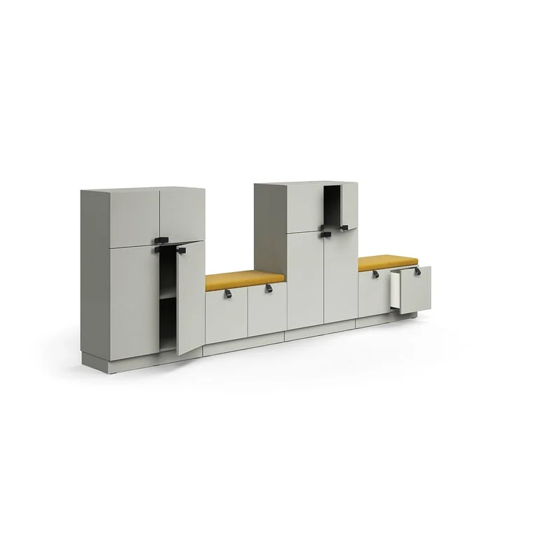 Storage unit QBUS, 2 cabinets + 2 storage benches, base frame, handles, 1252x3200x420 mm, light grey