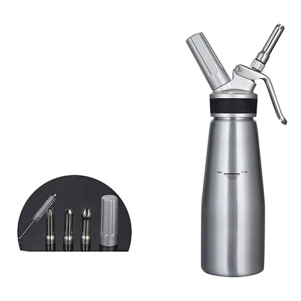 500 ml gräddsifon i aluminium, läckagesäker med 2 dekorationsmunstycken