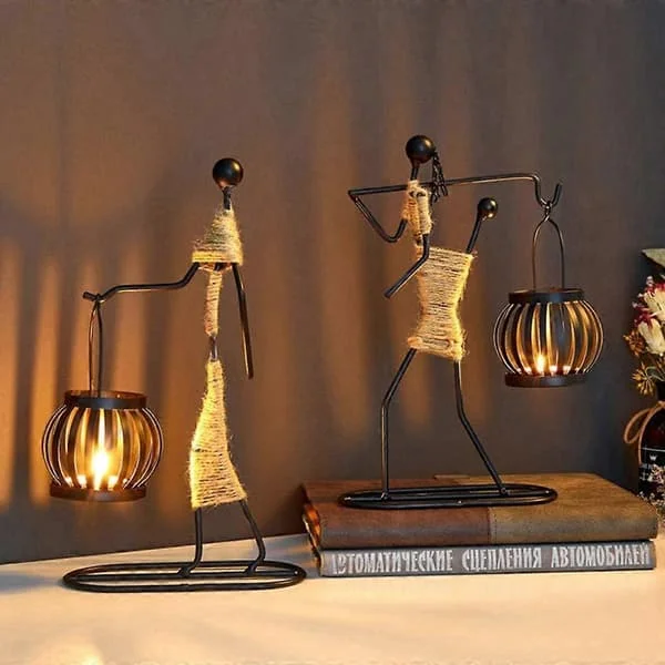 stk lysestaker til bord, retro svart jern telysholder vintage lysestake stativ liten jente formet med hampetau design (A)