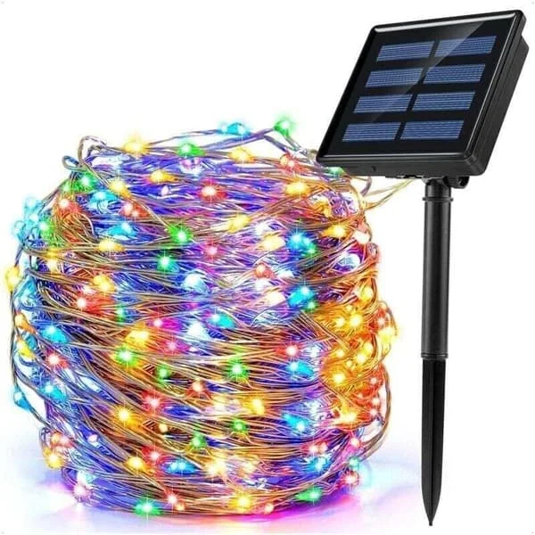 Solcelle lyskæde. 22 meter lang. Flerfarvet. Multifunktionel LED solcelle lyskæde. Solcelle lyskæde til udendørs brug. Solcellelampe