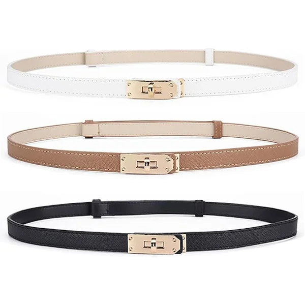 Slim Leather Belt for Women, 3-Piece Ladies Waist Belt Adjustable with Twist Lock, Classic Decorative Slim (Black, White, Brown)