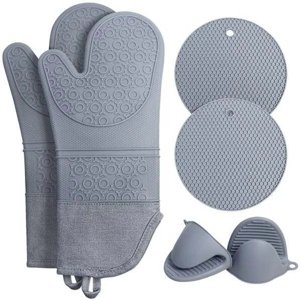Extra Long Oven Mitts and Pot Holders Set: Heat Resistant Silicone Oven Mitts with Mini Oven Gloves and Trivets, Grey, 6-pack
