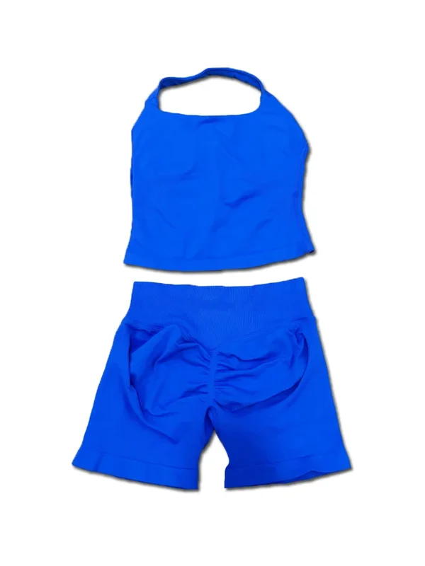 AliExpress - Ensemble de sport 2 pièces pour femme : débardeur dos nu et short taille haute froncé, tenue de fitness sans couture