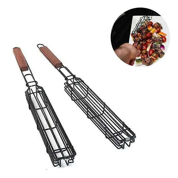 Grillkurv for grill, non-stick, enkel kabob-kurv, grillspyd, firkantet grillrist med trehåndtak for stekte grønnsaker, pølser, kjøtt, 2 stk.