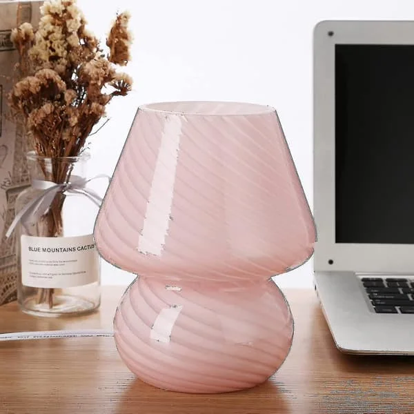 Rosa sopplampe, glass sopp nattbordlamper gjennomsiktig Murano vintage stil stripete