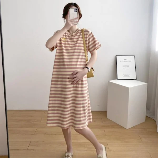 T-shirt kjole casual medium længde moderigtig graviditetskjole kort ærme løs pasform enkel stribet print orange pink XXL
