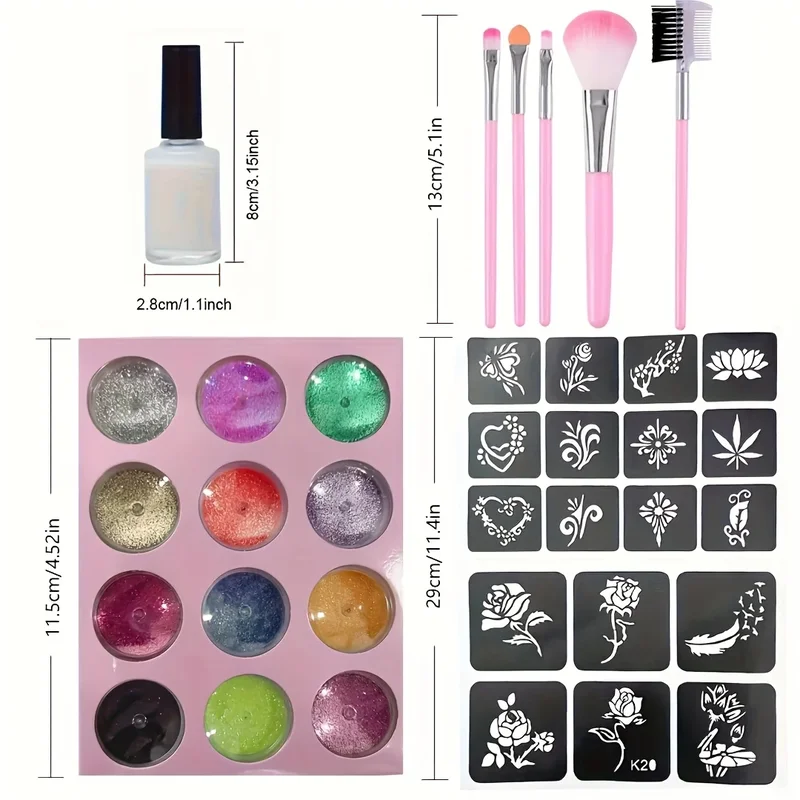AliExpress - DIY Flash Tattoo 12 kleuren glitter, inclusief meerdere tattoo-sjablonen lijmborstels set, DIY glitter cartoon sticker tattoo set