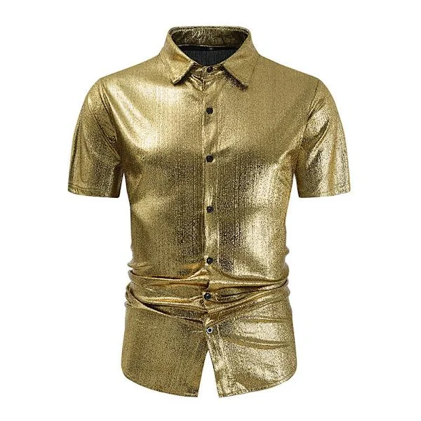 Afslappet kortærmet herre poloshirt med glimmer og pailletter, 70'er disco natklub festskjorte toppe