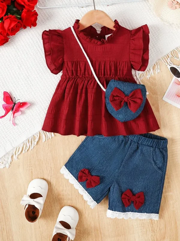 AliExpress - 3-teiliges Baby-Mädchen-Set mit flatternden Ärmeln und Rüschenoberteilen, blauen Shorts und Mini-Taschen. Sommermode-Set für 0-3 Jahre 