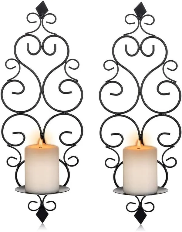 Svart - Sæt med 2 tealight-lysestager i metal, vægmonteret lysestage, lysestage til væg, soveværelse, badeværelse, stue dekoration