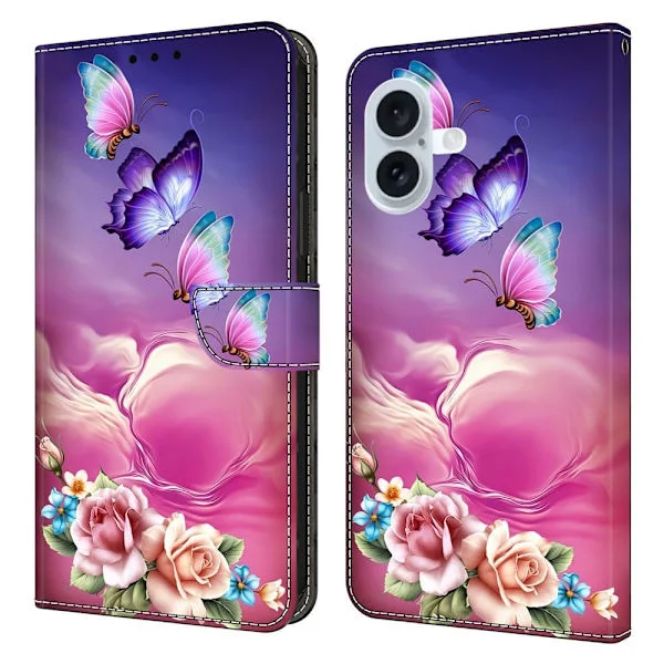 iPhone 16 Plånboksfodral Mönster Tryck Stativ Läder Flip Phone Cover - Blommig Fjäril