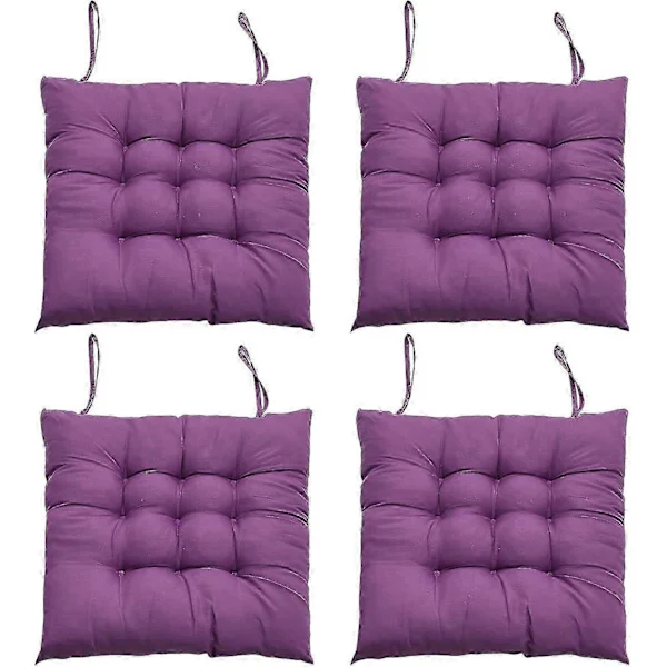 4-delars sittdynsset för matstolar, 40 x 40 cm bekväm sittdyna för matstolar, köksstolsdyna med knytband (Lila)
