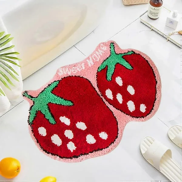 Strawberry Themed Bathroom Mat, Cute Fruit Shaped Bathroom Mat for Kids Room, Nursery, Dorm, Bathroom Mat 79x48 cm
