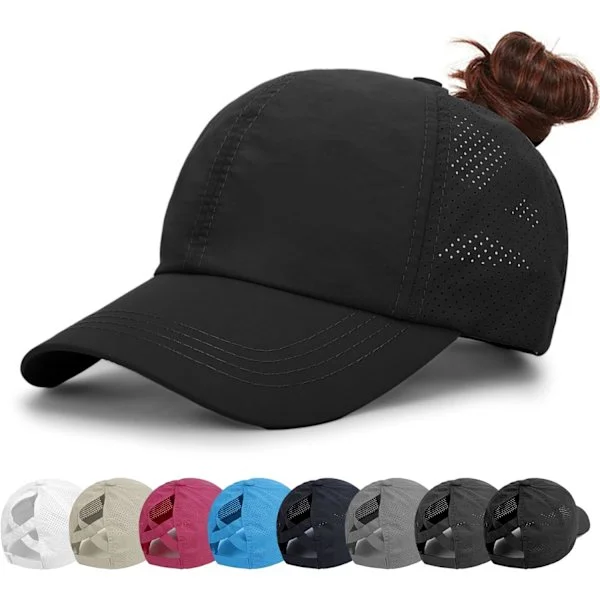 Dame Baseballcaps - Hestehale Solhatt Hurtigtørkende Løpecaps Dame Golfcaps Criss Cross Justerbar Truckercaps for Kvinner Jenter Svart