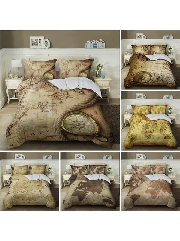 AliExpress - Parure de lit avec carte nautique, King, Queen, marron, Style Vintage, carte du monde de la mer, boussole, housse de couette, carte de 