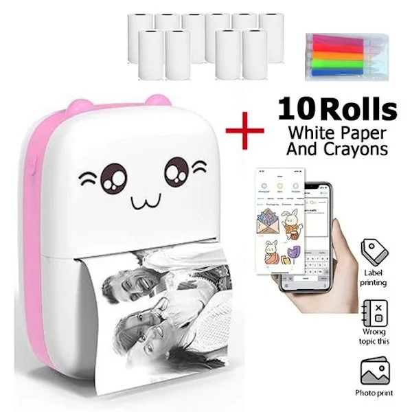 Mini portabel Bluetooth termisk skrivare, mobil fotoskrivare i fickformat, Android/iOS-kompatibel, 10 rullar papper - Rosa