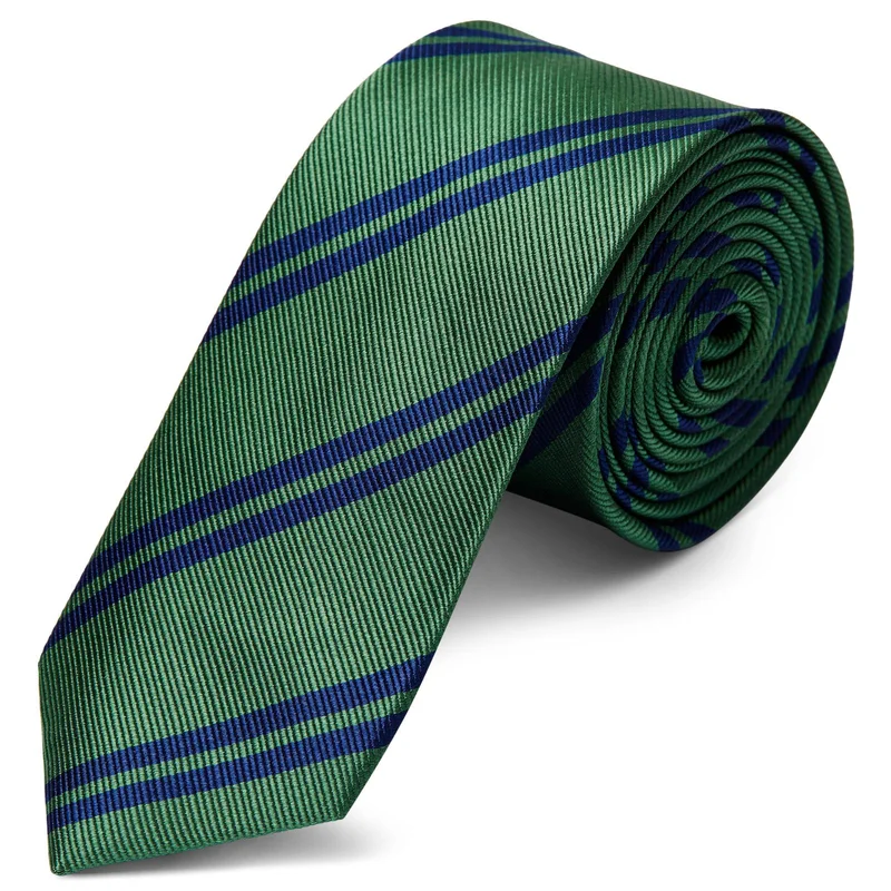 Cravatta verde in seta da 6 cm con motivo a righe blu navy per uomini - Cravatte fantasia