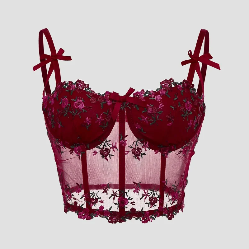 AliExpress - Sexy Spitze Blumen Stickerei Bogen Korsett Für Frauen Leibchen Sheer Mesh Fishbone Schlank Crop Top Wired Bh Camis Festival Dessous