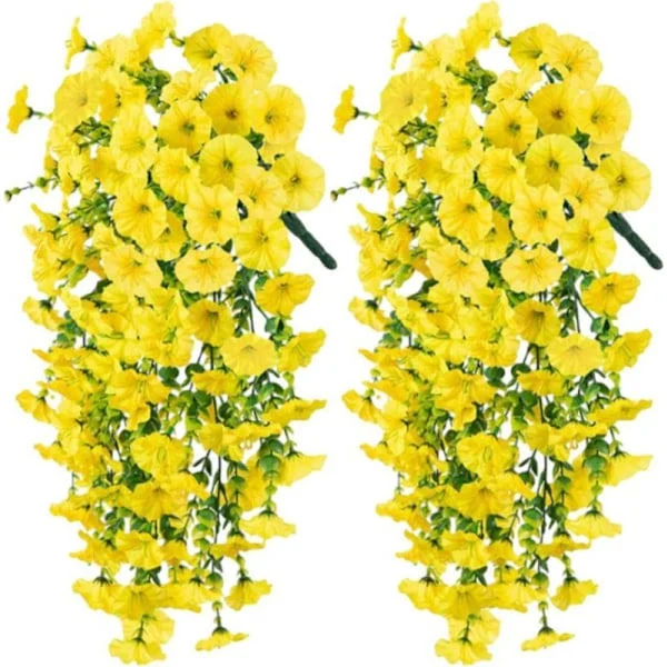 2-pack UV-resistant hanging artificial flowers - Morning Glory vines 75 cm, lifelike for garden and home decoration yellow yellow