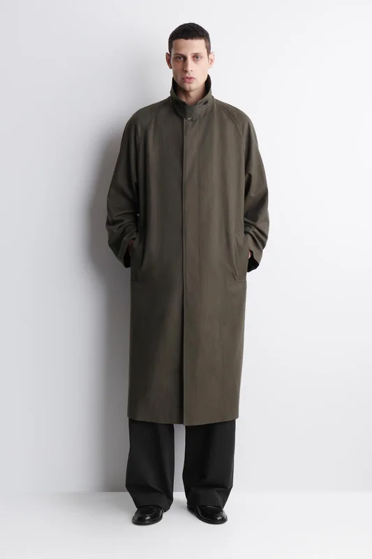 COS Men's Lightweight Cotton-Herringbone Trench Coat in Brown