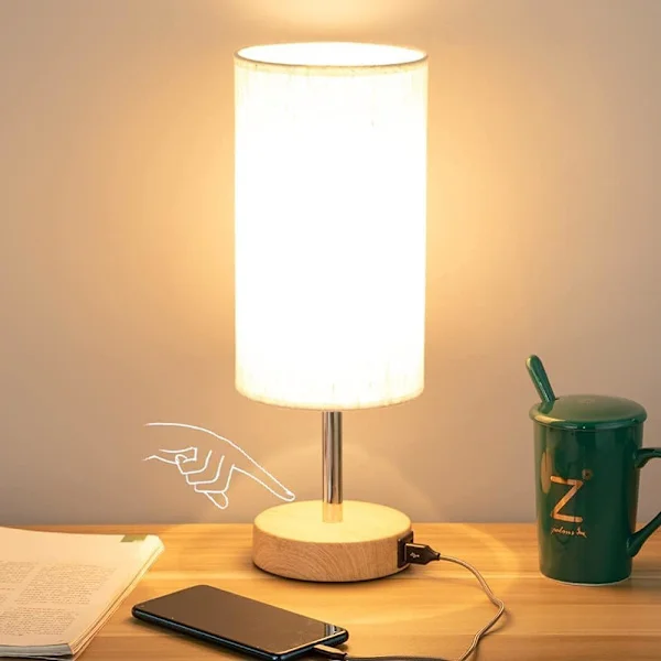 Sängbordslampa med USB-port – sovrum touchkontroll, dimbar sängbordslampa i trä med tre lägen.