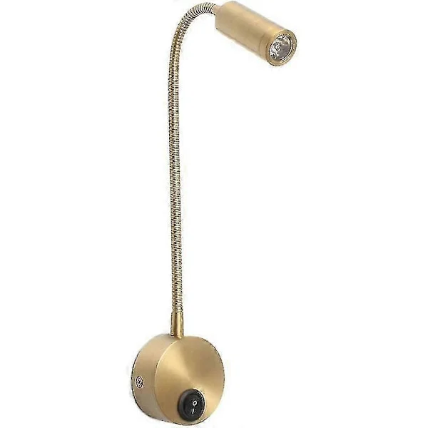 Fleksibel svanehals LED leselampe, 1W veggmontert, egnet for nattbord og skrivebord, gullfinish.