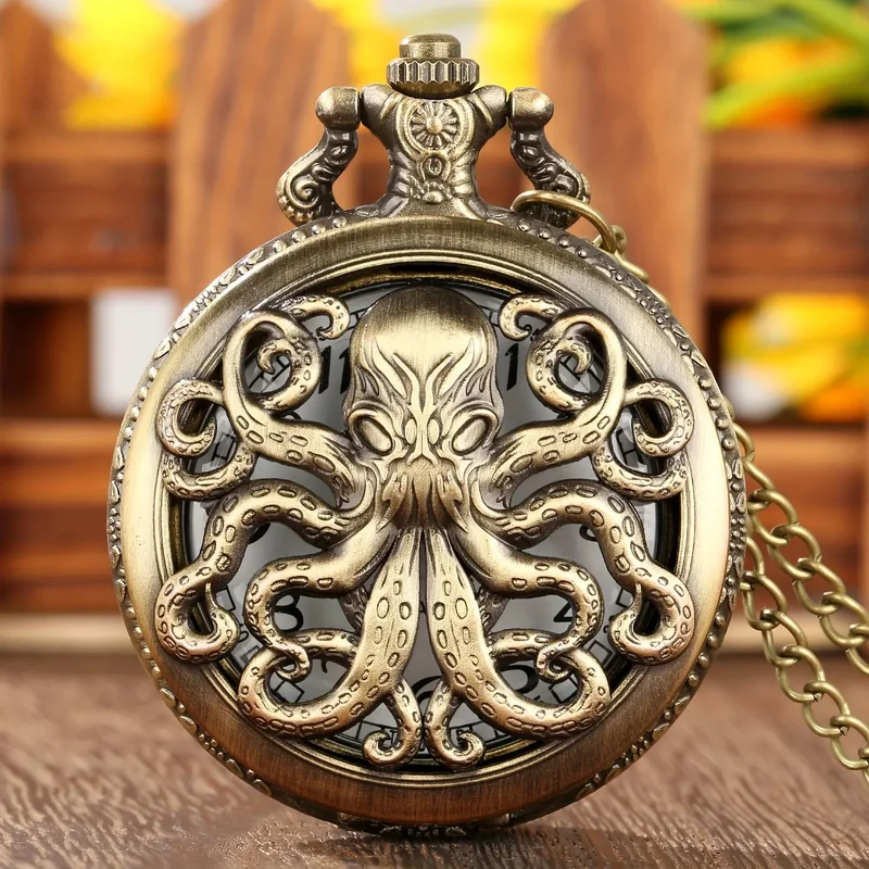 AliExpress - Montre de poche à Quartz au Design de motif de poulpe en Bronze rétro Unique avec collier chaîne cadeau pour hommes enfants chronographe 