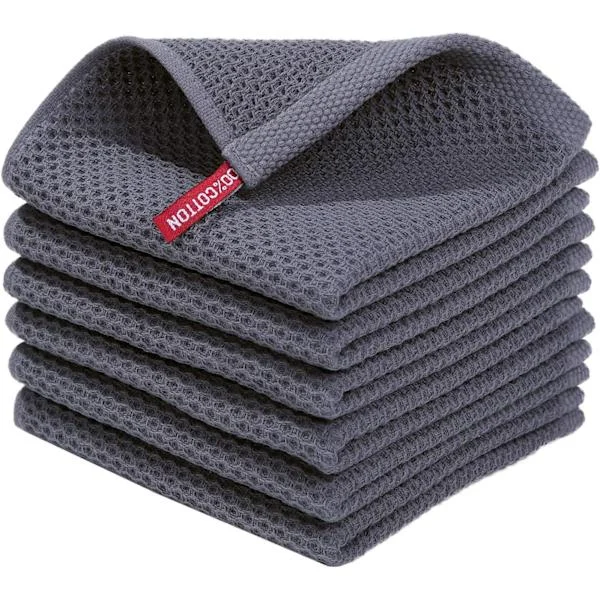 Kjøkkenkluter i bomull med vaffelvev, ultramyke, absorberende, hurtigtørkende oppvaskhåndklær 30 x 30 cm, 6-pakning, mørkegrå