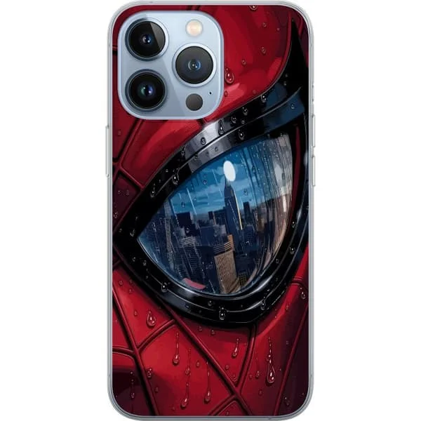 Kompatibelt Mobildeksel til Apple iPhone 13 Pro Nærbilde av Spider-Man-maske med regndråper og byrefleksjon i øyet