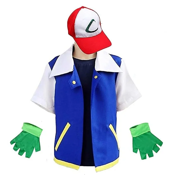 Herr Anime Trener Drakt Gutter Ash Ketchum Voksen Cosplay For Jenter Halloween Blå Jakke Caps og Hansker et - Perfekt