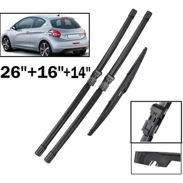 Sett med 3 vindusviskere foran + bak for Peugeot 208 2012 2013 2014 2015 2016 2017 2018