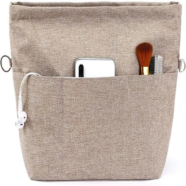 Håndveskeorganisator, Tote Bag-innsats med flere rom og glidelåser, Robust veskeinnsats med nøkkelring. Lys brun, M-XF29-