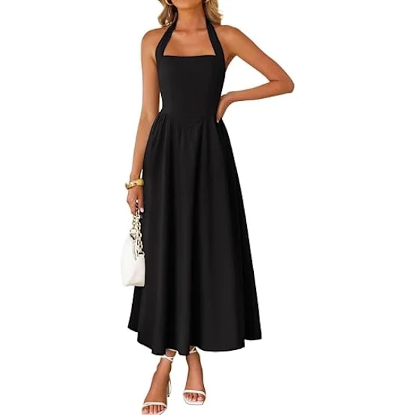 Kvinnor Sommar Ärmlös Halterneck Midiklänning 2025 Off Shoulder Hög Midja Swing Flowy Strand Långa Klänningar