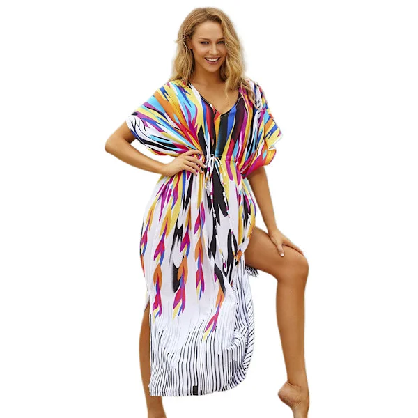 Dam Boho Regnbågstryck Baddräkt Cover Up Flerfärgad Randig Strand Lång Klänning Sexig V-ringning Sidoslits Turkiska Kaftaner